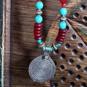 Silver, red and turquoise necklace